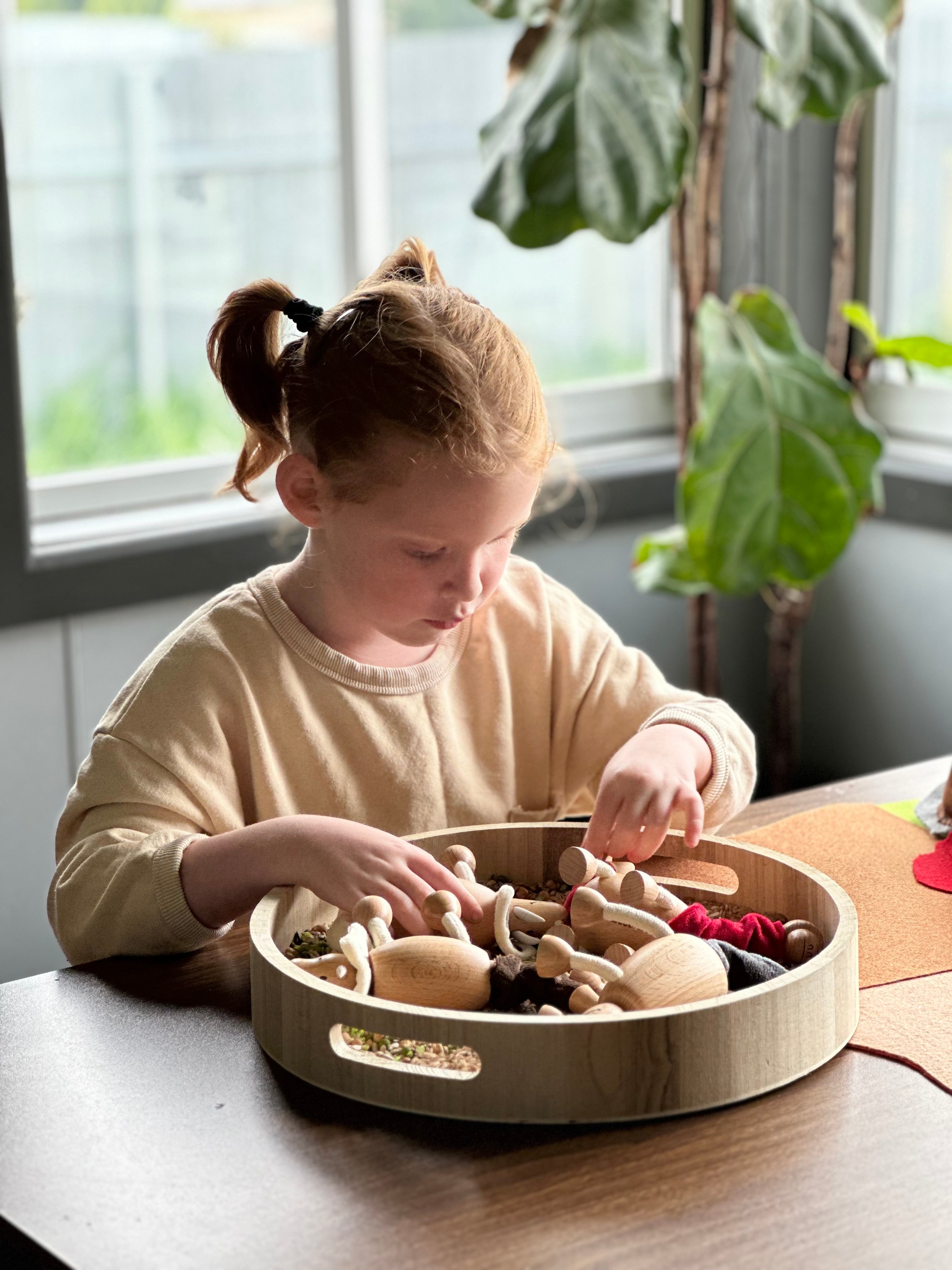 Creating a non toxic eco friendly plastic free play environment. Girl is playing with wooden animal toys by anamalz